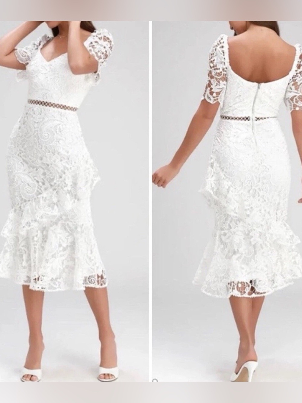 Lulus Briarwood White Lace Eyelet Ruffled Midi Dress Size XS